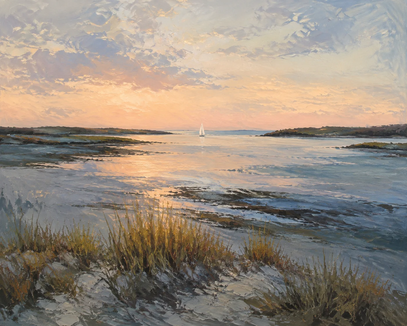 First Light at the Inlet — Atmospheric coastal oil paintings, from quiet tidal pools to harbors waking beneath a pearl-gray sky.
