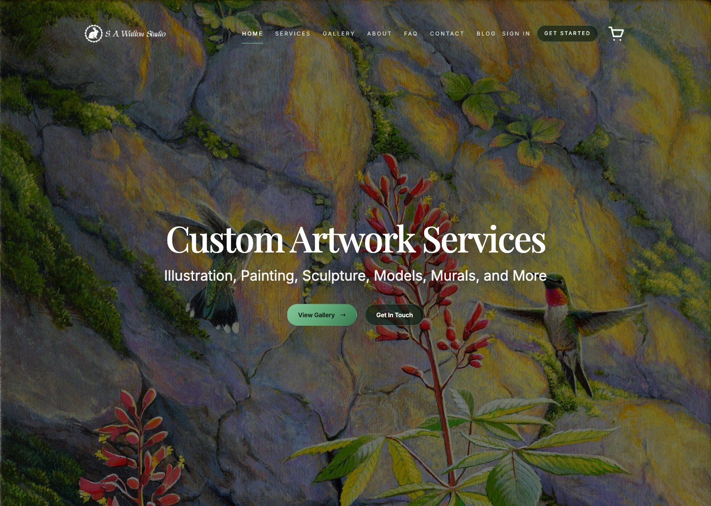 S. A. Walton Studio homepage featuring Susan Walton’s painting of hummingbirds and native flowers